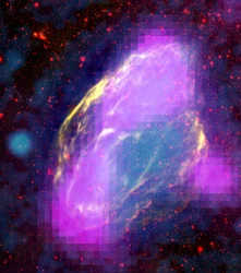 GeV-Gamma-Strahlungsregionen (magenta) im Supernova-Überrest W44. Wissenschaft Astronomie